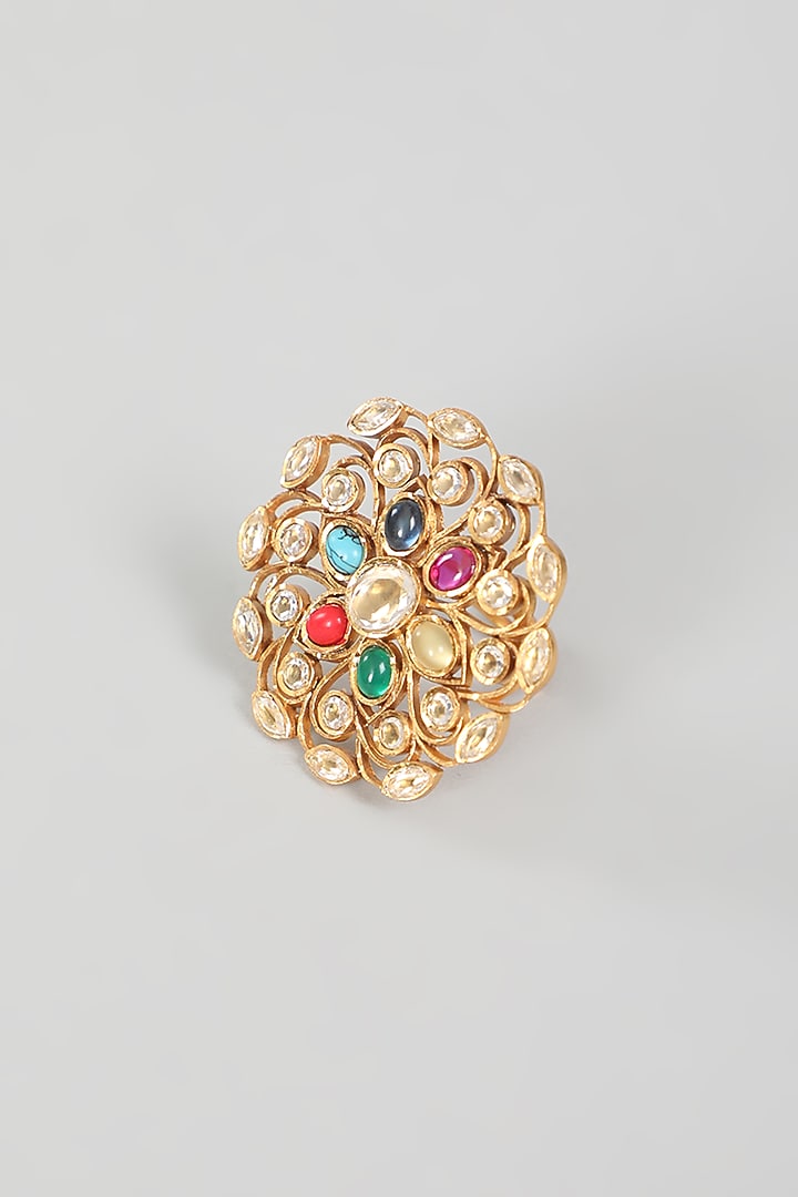 Gold Finish Kundan Polki & Multi-Colored Stone Ring by VASTRAA Jewellery at Pernia's Pop Up Shop