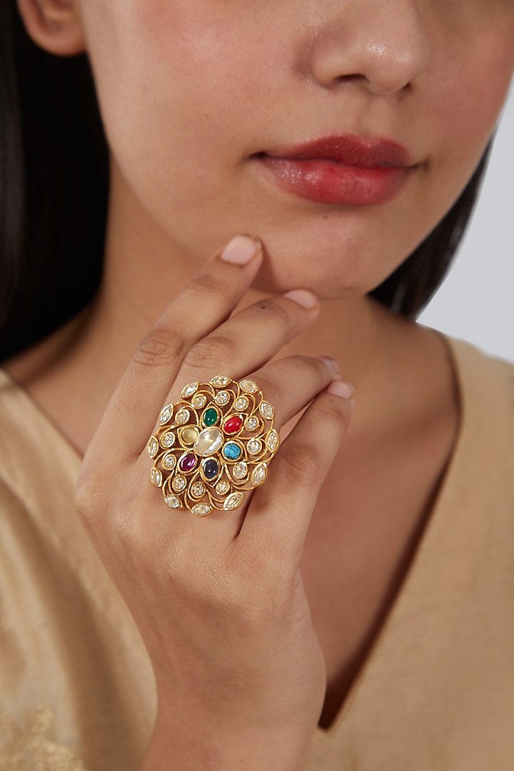 Gold Finish Kundan Polki & Multi-Colored Stone Ring by VASTRAA Jewellery at Pernia's Pop Up Shop