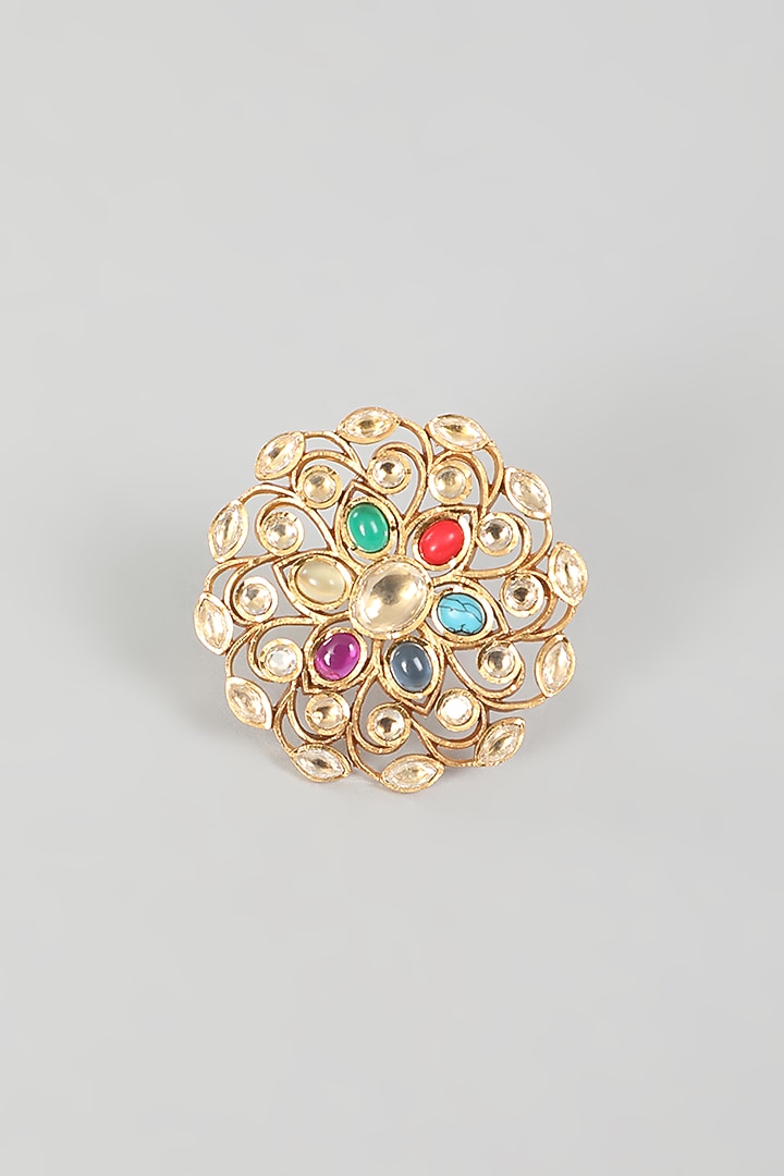 Gold Finish Kundan Polki & Multi-Colored Stone Ring by VASTRAA Jewellery at Pernia's Pop Up Shop