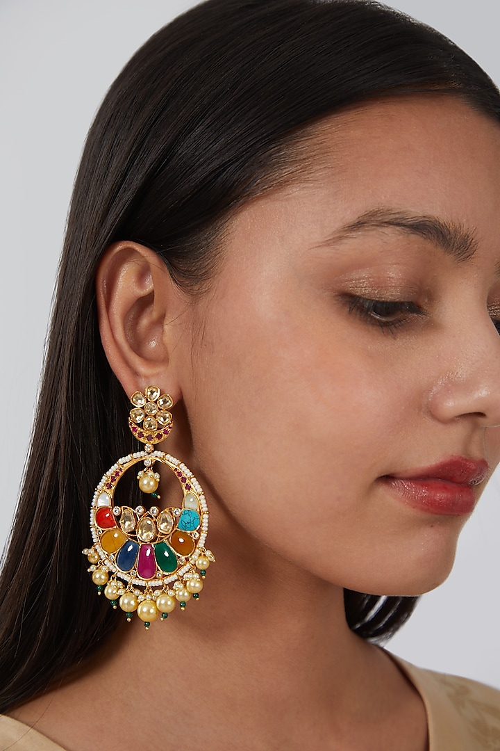 Gold Finish Kundan Polki & Multi-Colored Stone Earrings by VASTRAA Jewellery