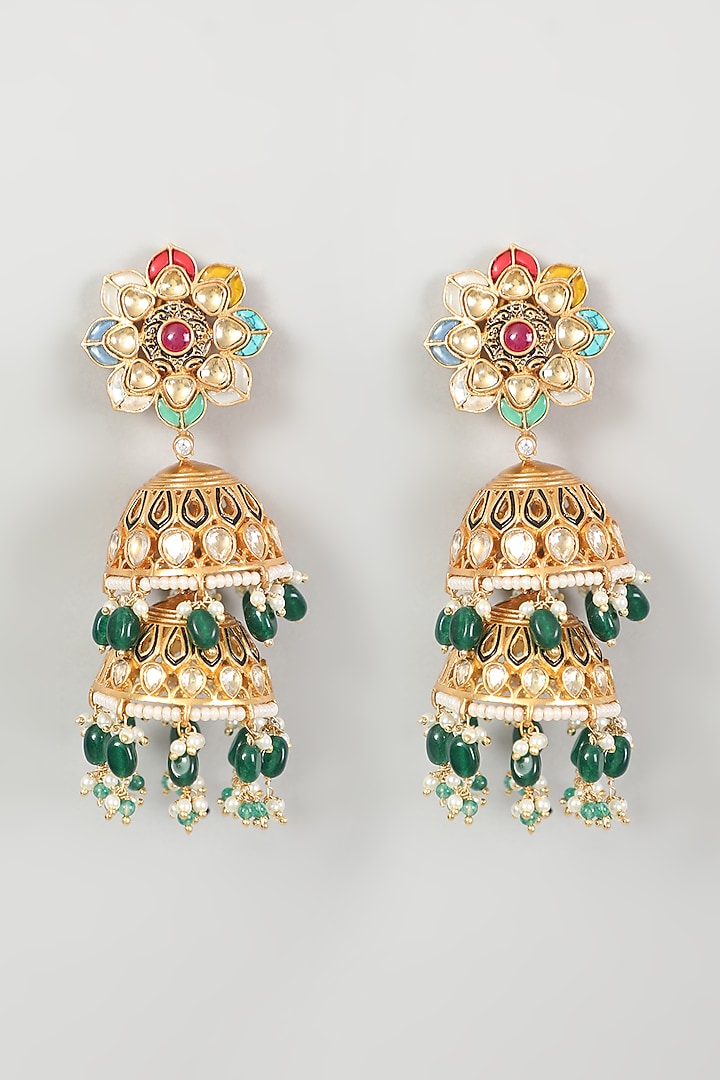 Gold Finish Kundan Polki & Green Stone Jhumka Earrings by VASTRAA Jewellery at Pernia's Pop Up Shop
