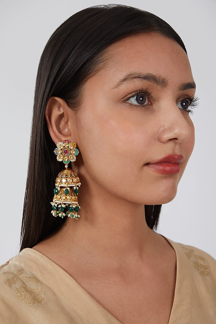 Gold Finish Kundan Polki & Green Stone Jhumka Earrings by VASTRAA Jewellery
