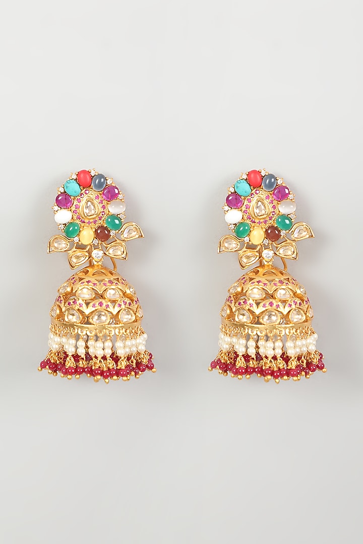 Gold Finish Kundan Polki & Pearl Jhumka Earrings by VASTRAA Jewellery at Pernia's Pop Up Shop