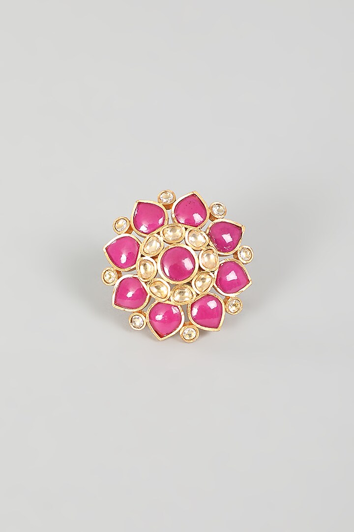 Gold Finish Kundan Polki & Red Synthetic Stone Ring by VASTRAA Jewellery at Pernia's Pop Up Shop