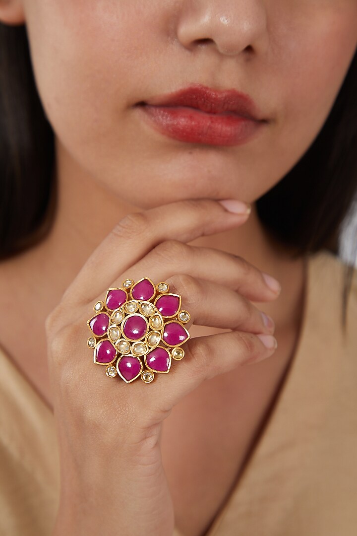 Gold Finish Kundan Polki & Red Synthetic Stone Ring by VASTRAA Jewellery at Pernia's Pop Up Shop