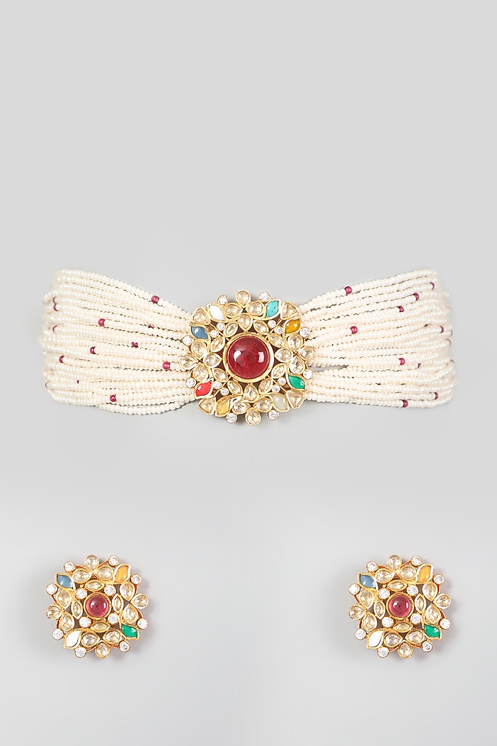 Gold Finish Pearl & Kundan Polki Choker Necklace Set by VASTRAA Jewellery at Pernia's Pop Up Shop