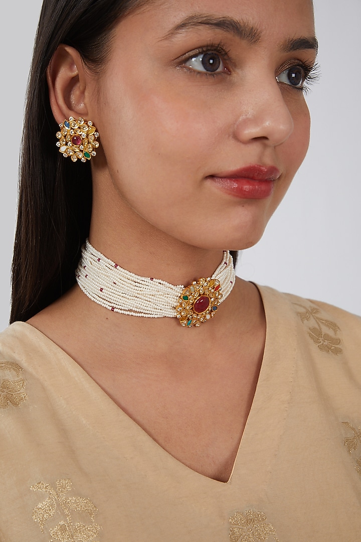 Gold Finish Pearl & Kundan Polki Choker Necklace Set by VASTRAA Jewellery at Pernia's Pop Up Shop