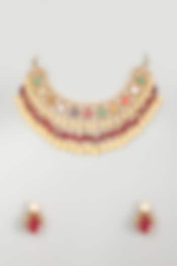 Gold Finish Kundan Polki & Multi Colored Stone Necklace Set by VASTRAA Jewellery
