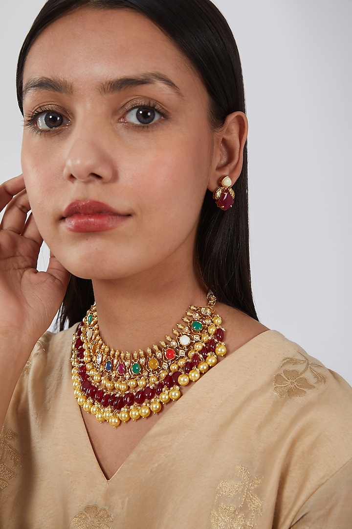 Gold Finish Kundan Polki & Multi-Colored Stone Necklace Set by VASTRAA Jewellery