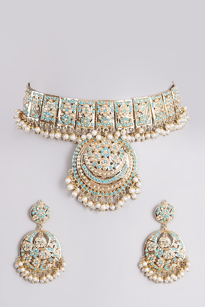 Gold Finish Pearl Necklace Set by VASTRAA Jewellery at Pernia's Pop Up Shop