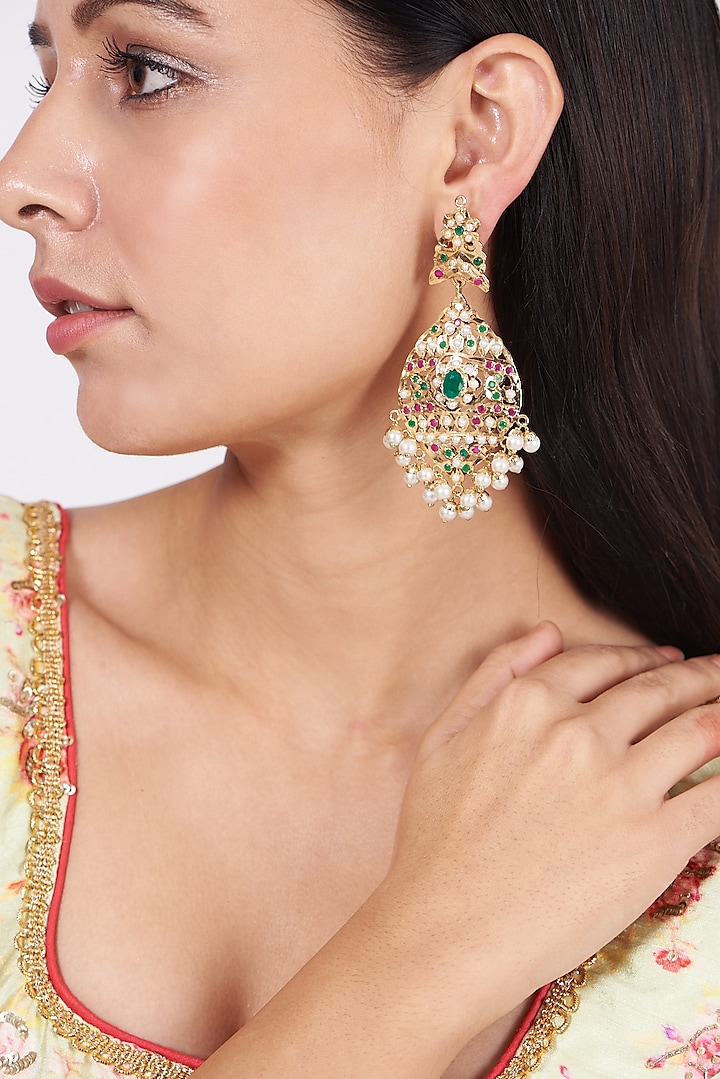 Gold Finish Pearl Dangler Earrings by VASTRAA Jewellery