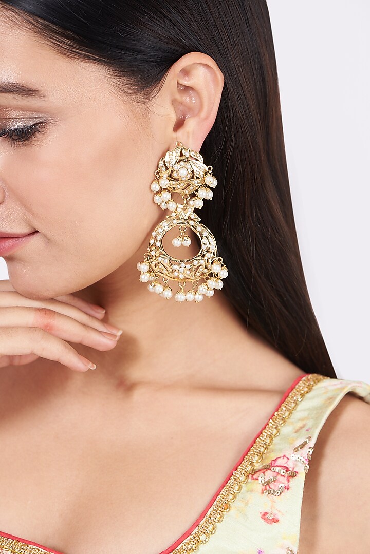 Gold Finish Pearl Earrings by VASTRAA Jewellery at Pernia's Pop Up Shop