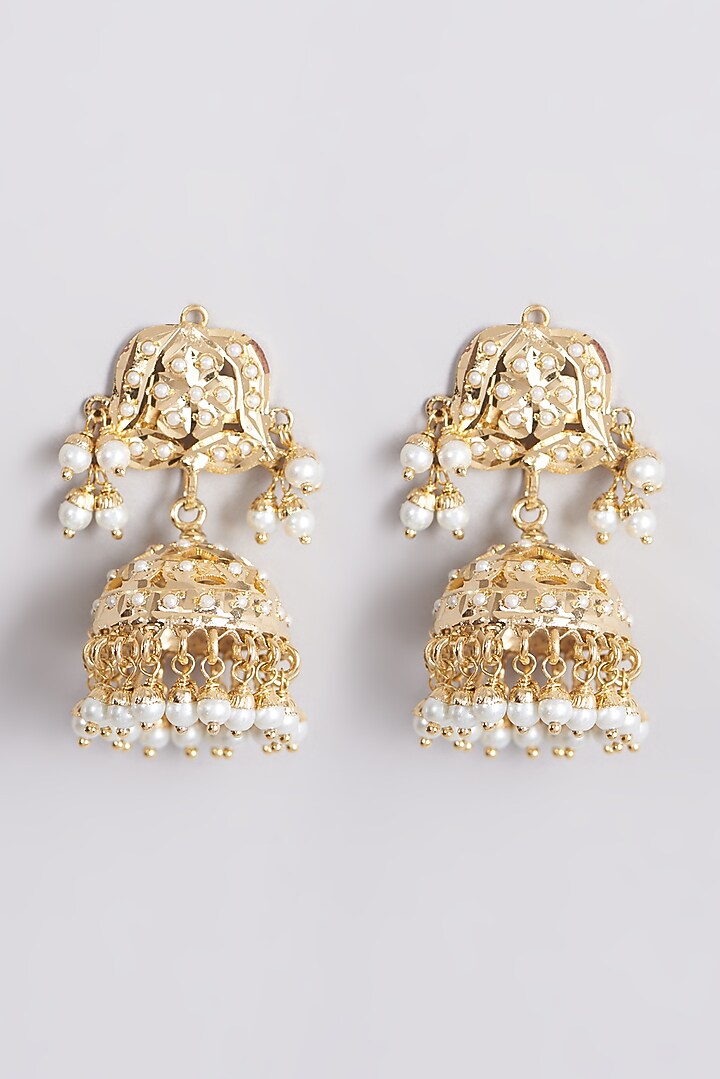Gold Finish Pearl Jhumka Earrings by VASTRAA Jewellery at Pernia's Pop Up Shop
