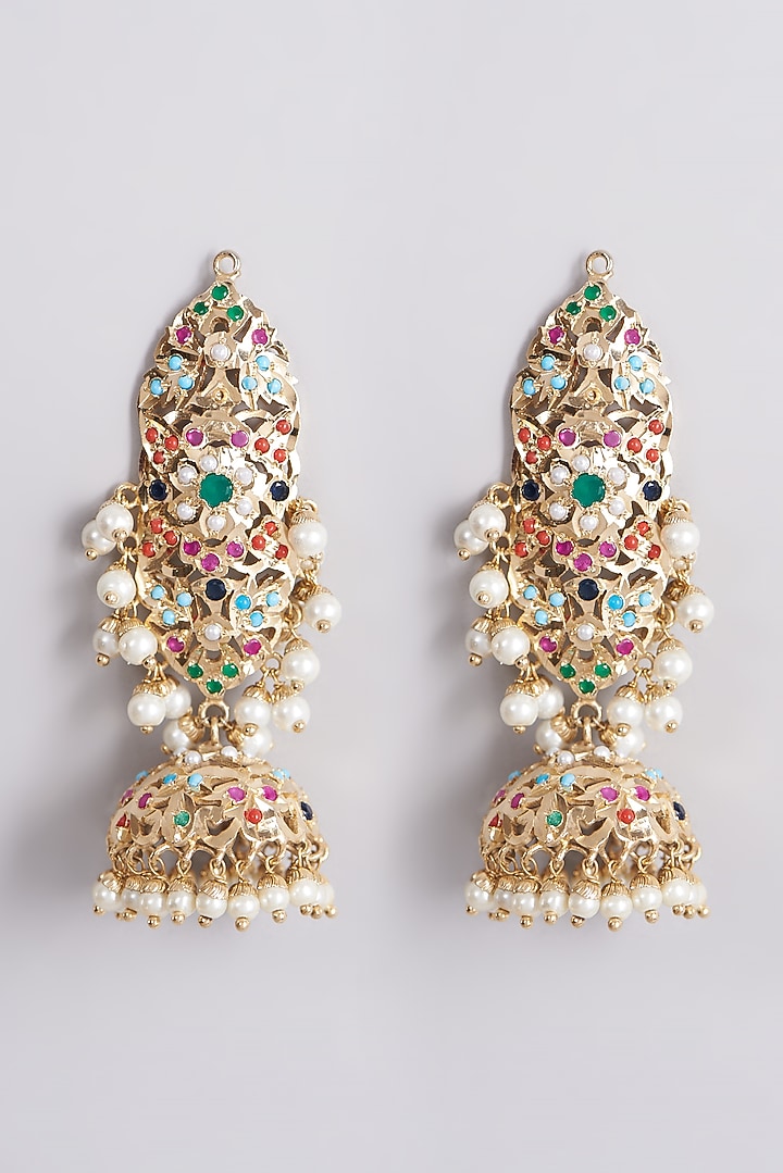 Gold Finish Pearl Jhumka Earrings by VASTRAA Jewellery at Pernia's Pop Up Shop
