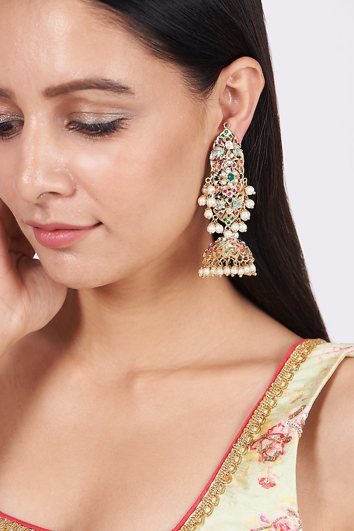 Gold Finish Pearl Jhumka Earrings by VASTRAA Jewellery