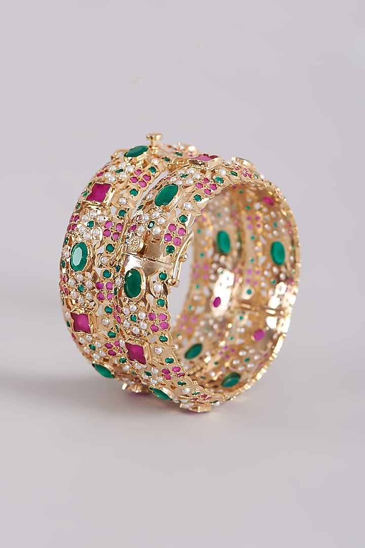 Gold Finish Pearl Bangles (Set of 2) by VASTRAA Jewellery at Pernia's Pop Up Shop