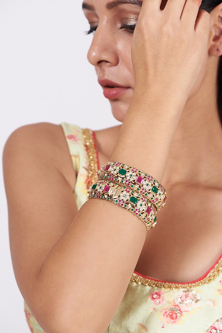 Gold Finish Pearl Bangles (Set of 2) by VASTRAA Jewellery at Pernia's Pop Up Shop