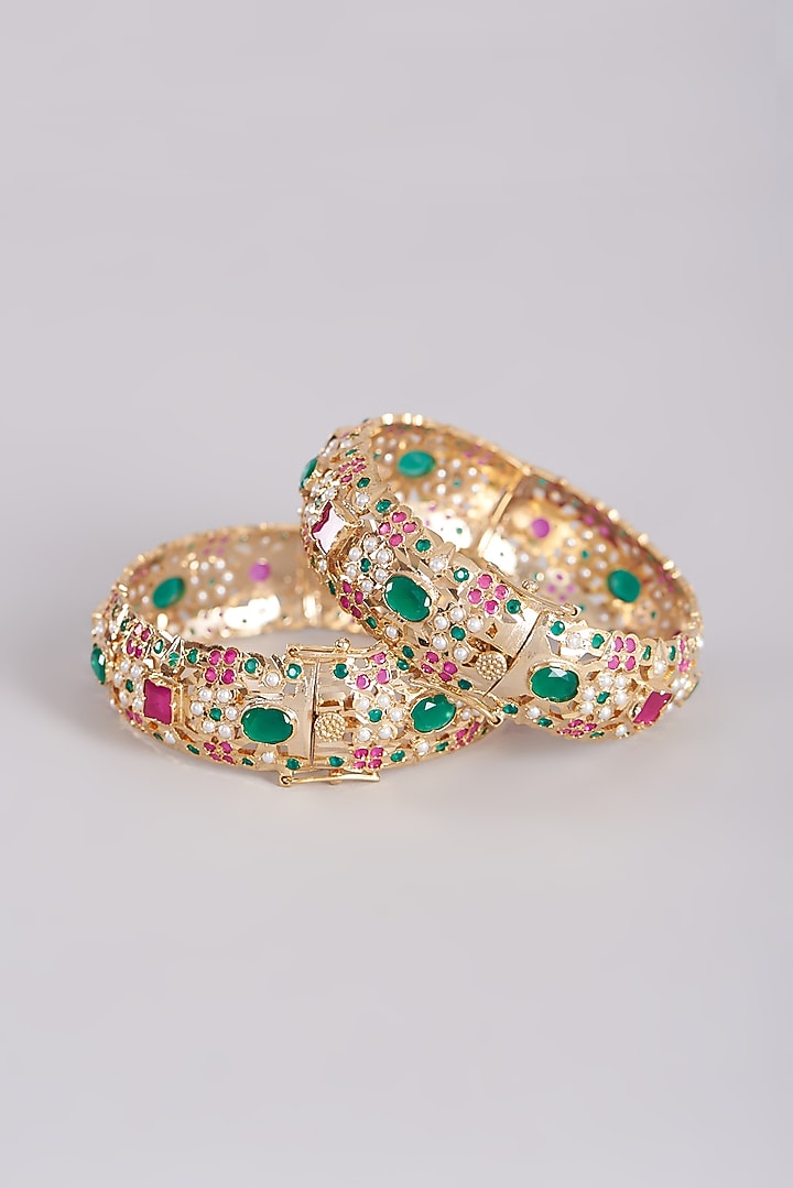 Gold Finish Pearl Bangles (Set of 2) by VASTRAA Jewellery at Pernia's Pop Up Shop