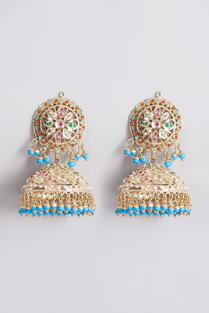 Gold Finish Pearl Jhumka Earrings by VASTRAA Jewellery at Pernia's Pop Up Shop