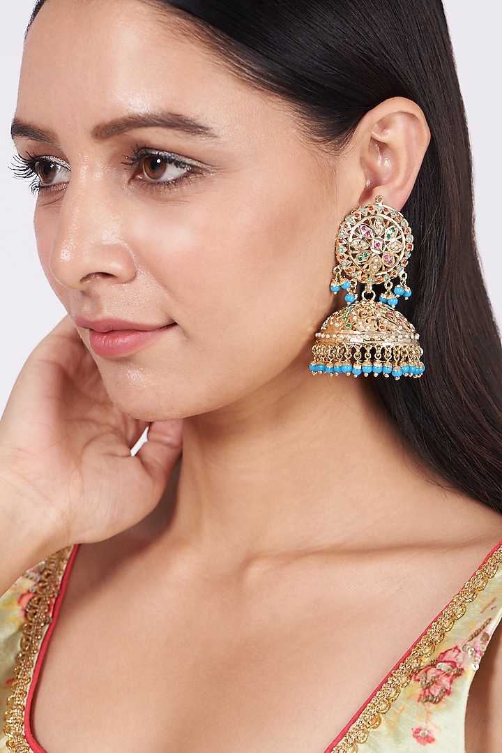 Gold Finish Pearl Jhumka Earrings by VASTRAA Jewellery at Pernia's Pop Up Shop