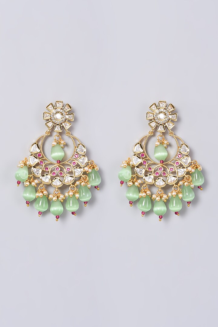 Gold Finish Kundan Polki & Green Stone Earrings by VASTRAA Jewellery at Pernia's Pop Up Shop