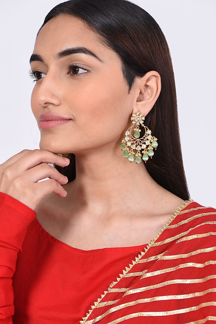 Gold Finish Kundan Polki & Green Stone Earrings by VASTRAA Jewellery at Pernia's Pop Up Shop