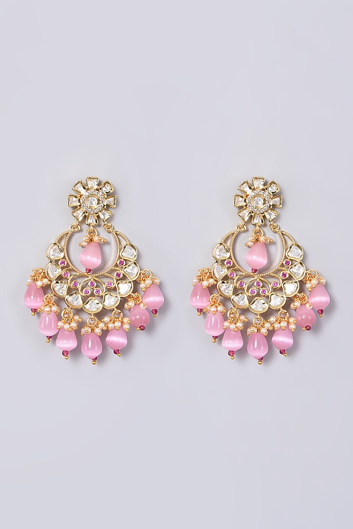 Gold Finish Kundan Polki & Pink Stone Earrings by VASTRAA Jewellery at Pernia's Pop Up Shop
