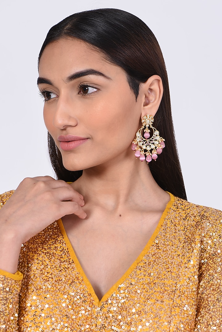 Gold Finish Kundan Polki & Pink Stone Earrings by VASTRAA Jewellery at Pernia's Pop Up Shop
