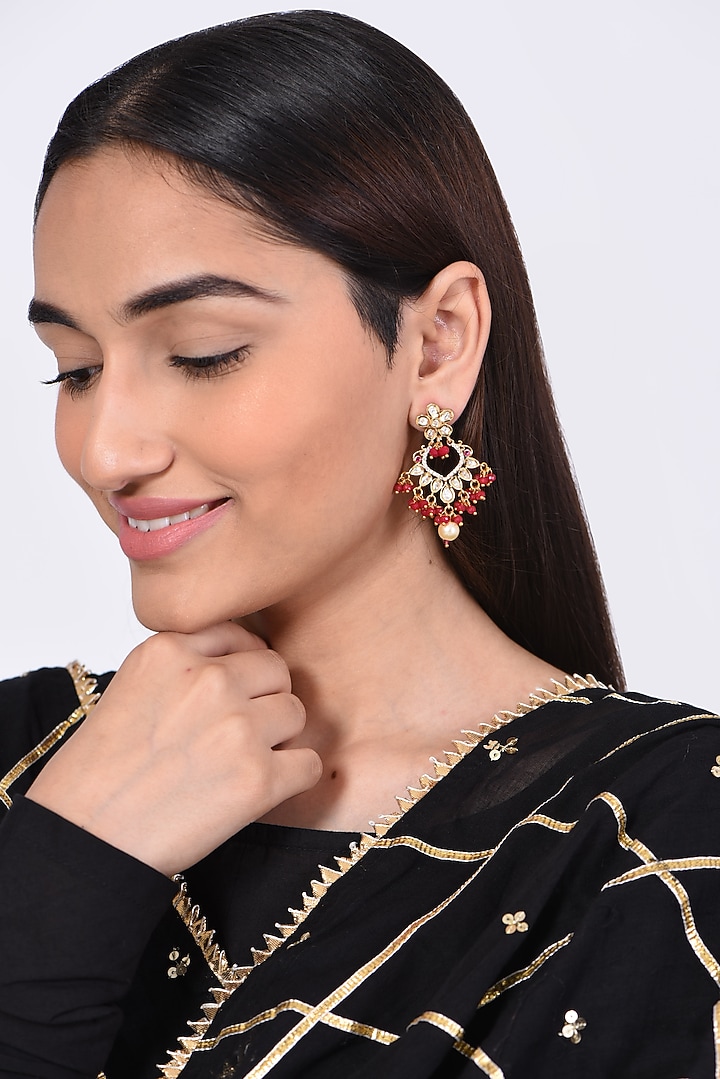 Gold Finish Kundan Polki & Pearl Earrings by VASTRAA Jewellery at Pernia's Pop Up Shop