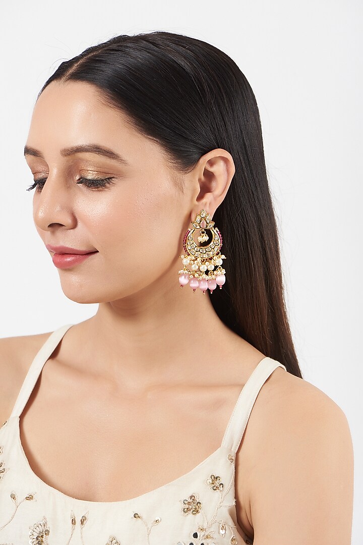 Gold Finish Kundan Polki & Pearl Dangler Earrings by VASTRAA Jewellery at Pernia's Pop Up Shop