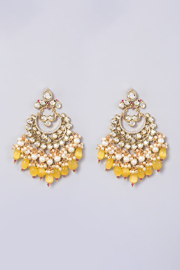 Gold Finish Kundan Polki Chandbaali Earrings by VASTRAA Jewellery at Pernia's Pop Up Shop