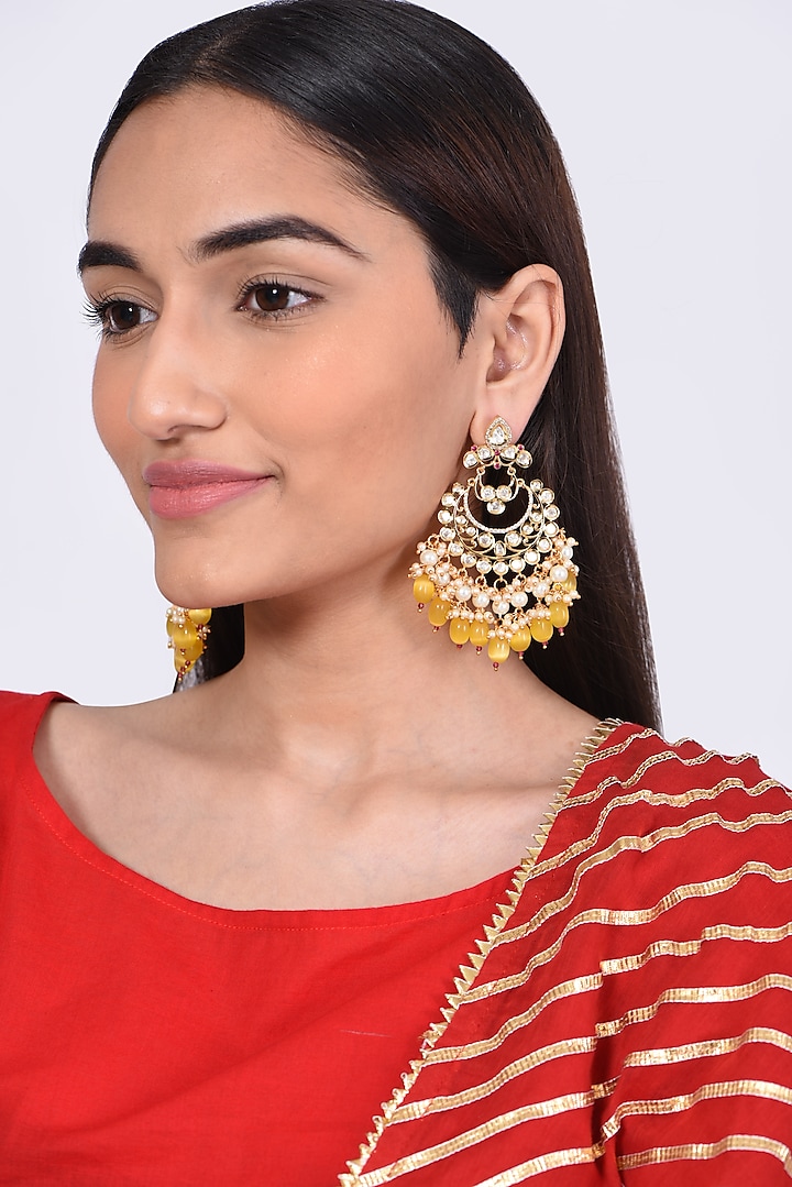 Gold Finish Kundan Polki Chandbaali Earrings by VASTRAA Jewellery