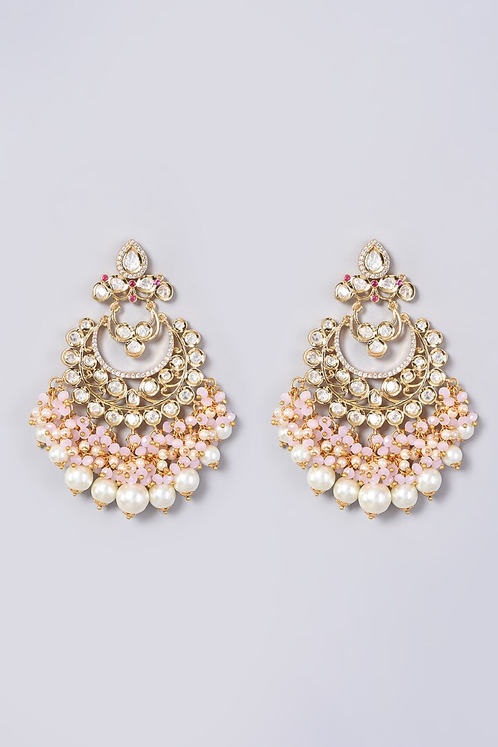 Gold Finish Kundan Polki & Pearls Chandbaali Earrings by VASTRAA Jewellery at Pernia's Pop Up Shop