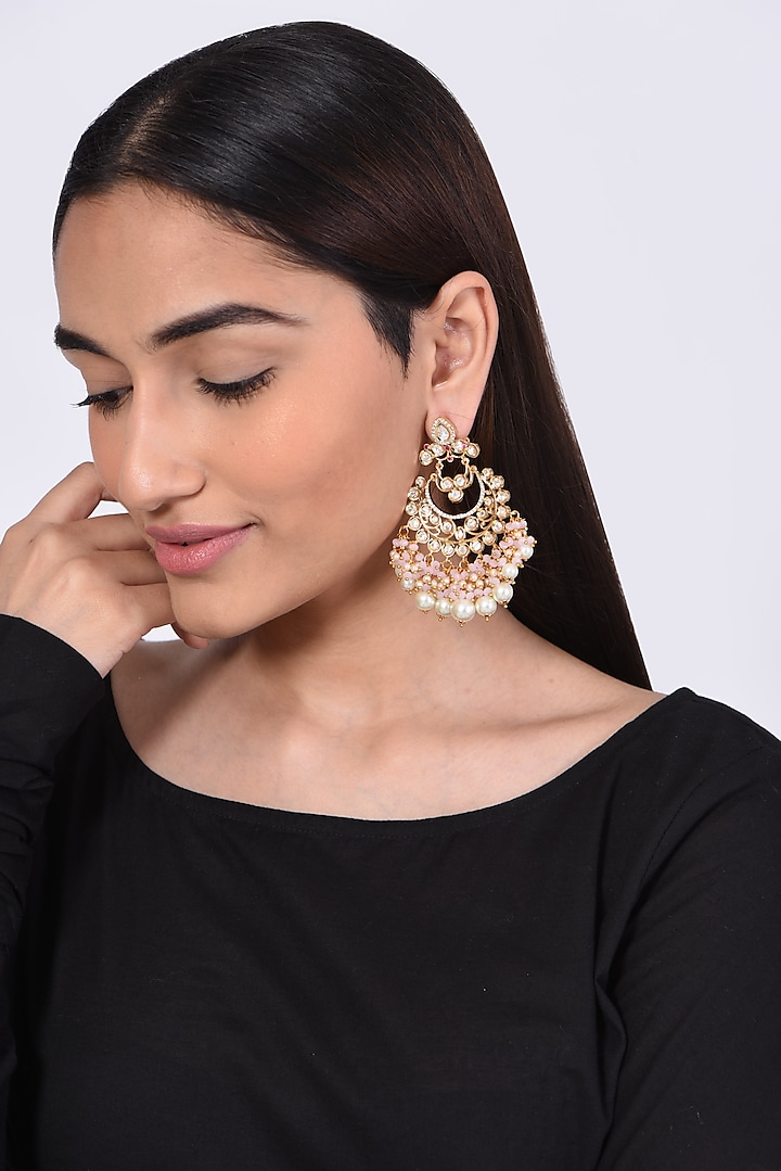 Gold Finish Kundan Polki & Pearls Chandbaali Earrings by VASTRAA Jewellery
