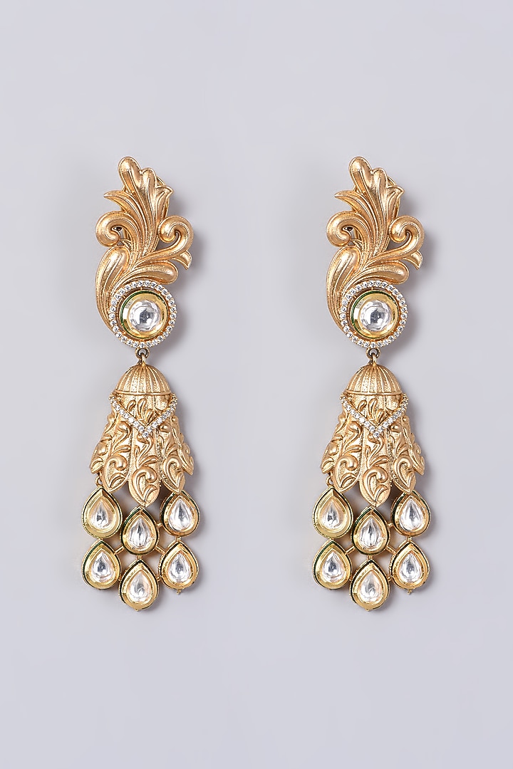 Gold Finish Kundan Polki Earrings by VASTRAA Jewellery at Pernia's Pop Up Shop