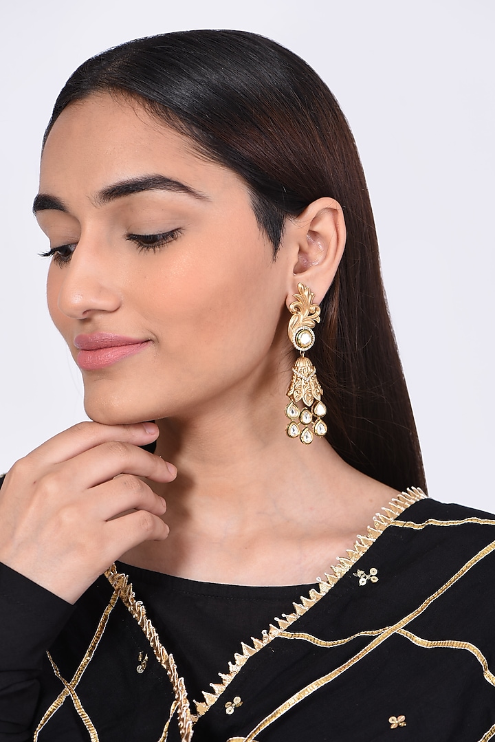 Gold Finish Kundan Polki Earrings by VASTRAA Jewellery at Pernia's Pop Up Shop