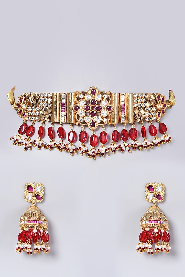 Gold Finish Kundan Polki & Red Beaded Choker Necklace Set by VASTRAA Jewellery at Pernia's Pop Up Shop
