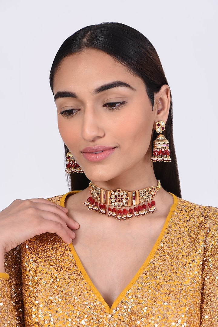 Gold Finish Kundan Polki & Red Beaded Choker Necklace Set by VASTRAA Jewellery