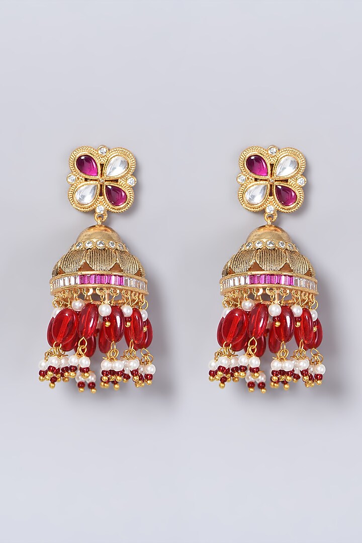 Gold Finish Kundan Polki & Red Beaded Choker Necklace Set by VASTRAA Jewellery at Pernia's Pop Up Shop