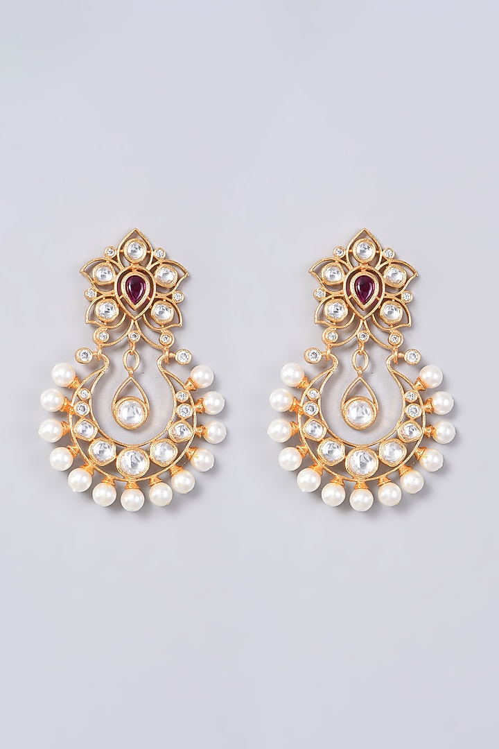 Gold Finish Kundan Polki & Pearl Earrings by VASTRAA Jewellery at Pernia's Pop Up Shop