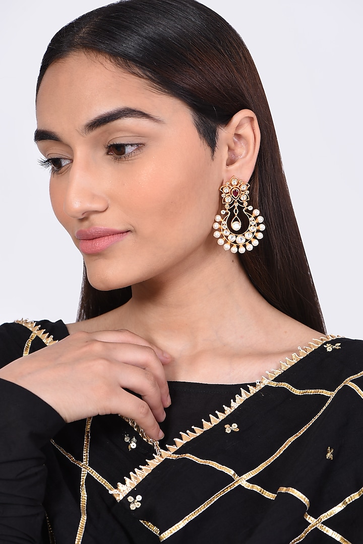 Gold Finish Kundan Polki & Pearl Earrings by VASTRAA Jewellery