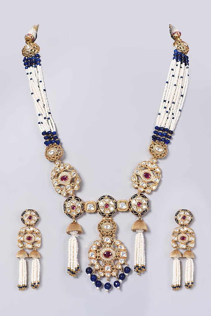 Gold Finish Kundan Polki & Dark Blue Beaded Choker Necklace Set by VASTRAA Jewellery at Pernia's Pop Up Shop