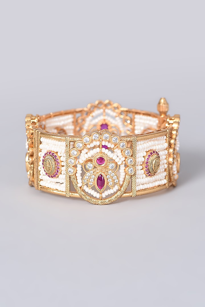 Gold Finish Kundan Polki & Zircon Bangle by VASTRAA Jewellery at Pernia's Pop Up Shop