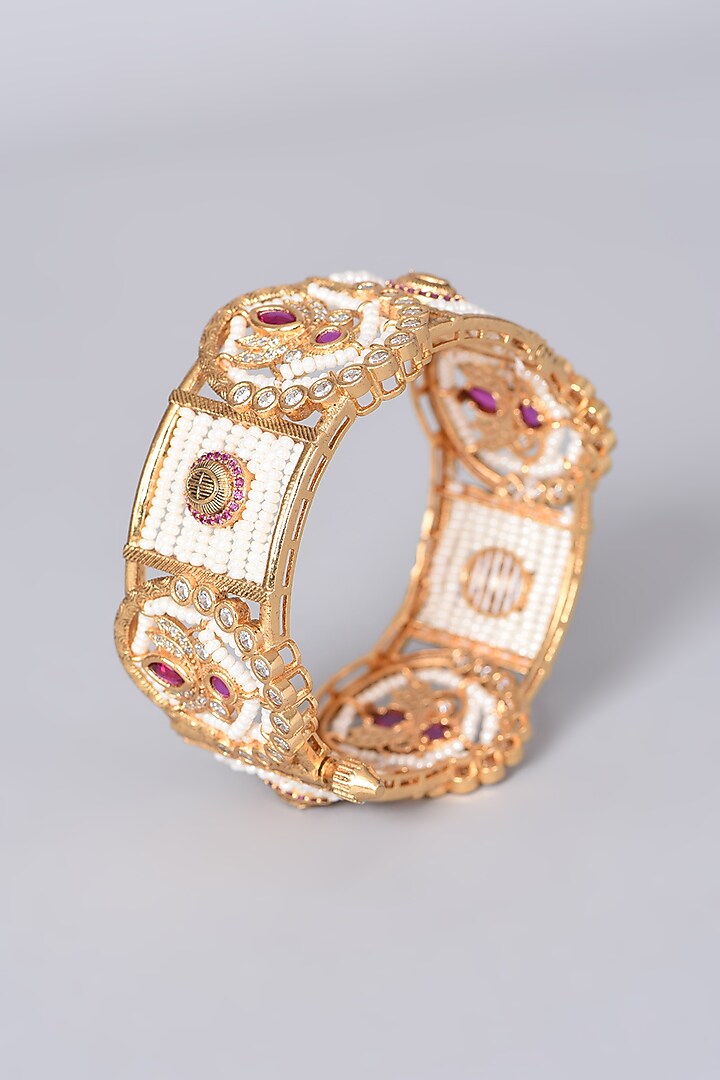 Gold Finish Kundan Polki & Zircon Bangle by VASTRAA Jewellery at Pernia's Pop Up Shop