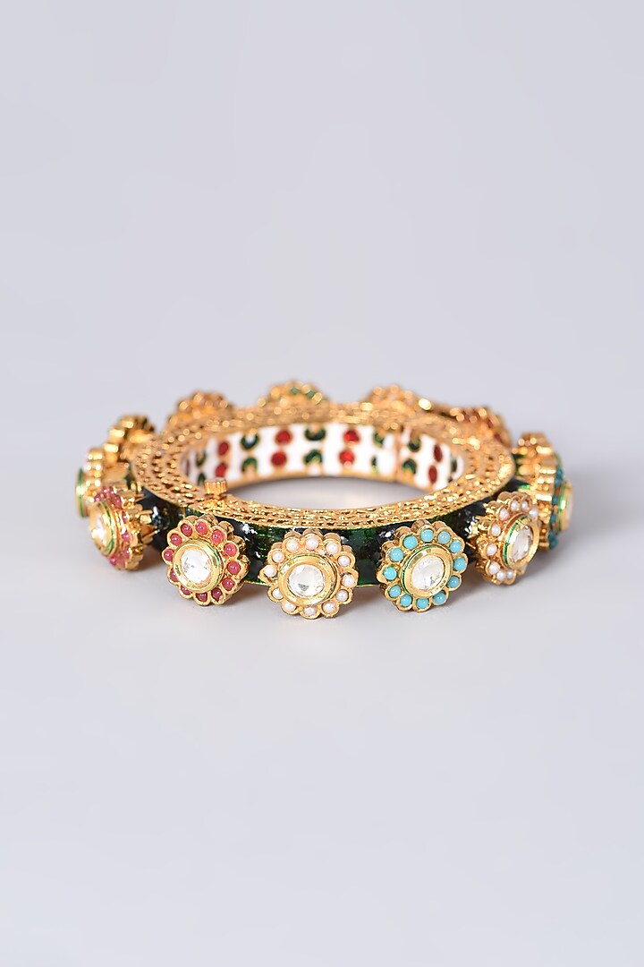 Gold Finish Kundan Polki & Pearl Meenakari Bangle by VASTRAA Jewellery at Pernia's Pop Up Shop