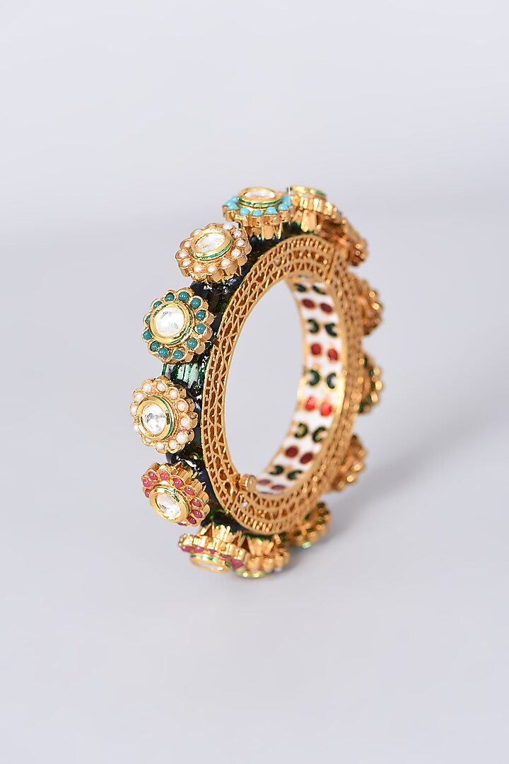 Gold Finish Kundan Polki & Pearl Meenakari Bangle by VASTRAA Jewellery at Pernia's Pop Up Shop