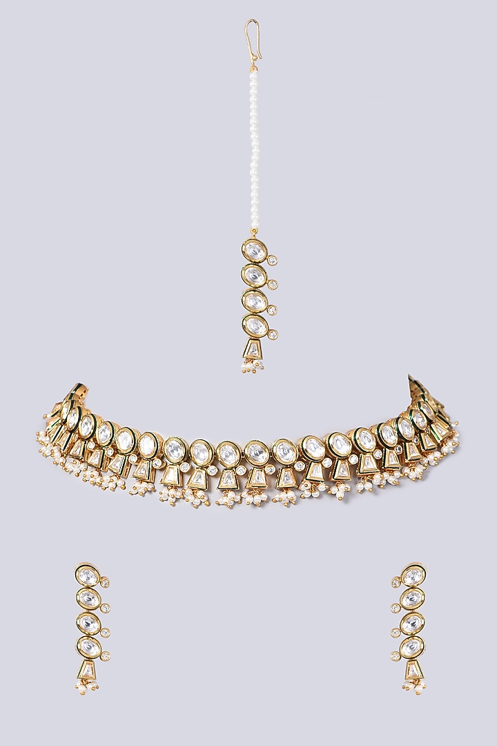 Gold Finish Kundan Polki & Pearl Necklace Set by VASTRAA Jewellery at Pernia's Pop Up Shop