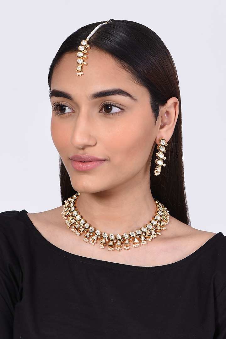 Gold Finish Kundan Polki & Pearl Necklace Set by VASTRAA Jewellery