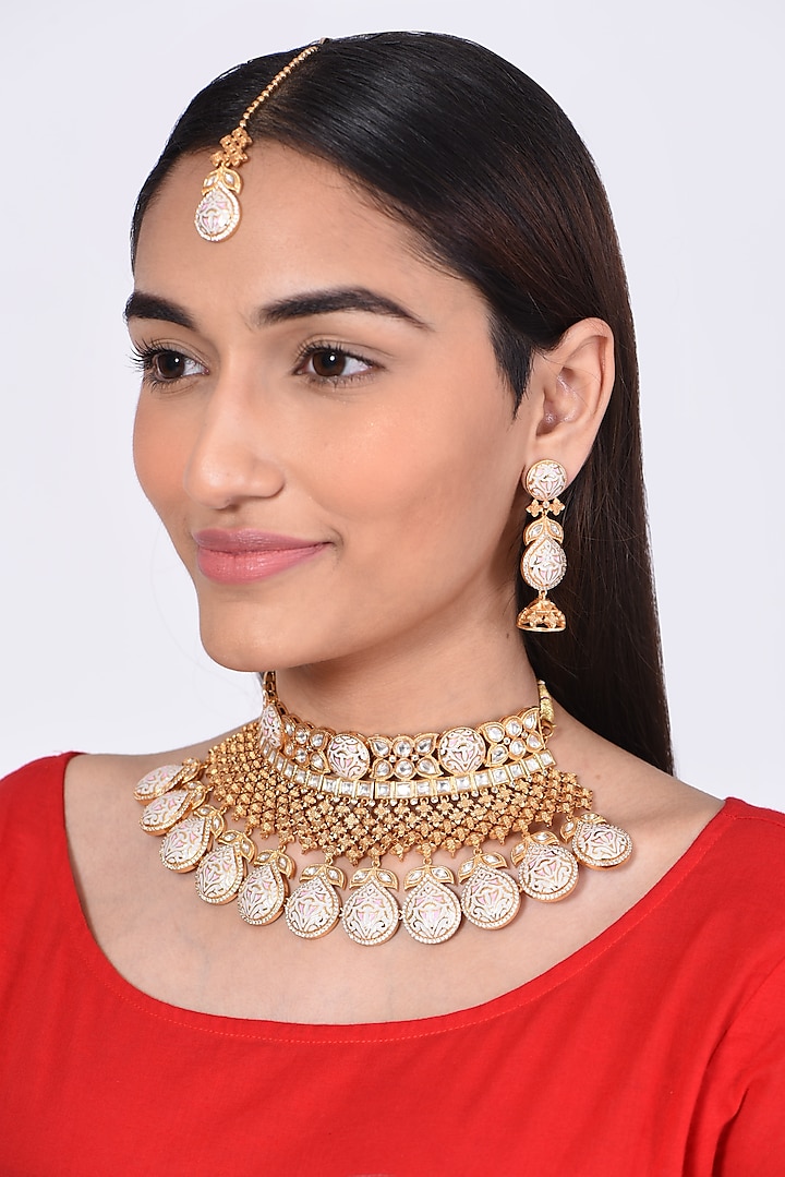 Gold Finish Kundan Polki & Floral Motifs Enameled Necklace Set by VASTRAA Jewellery