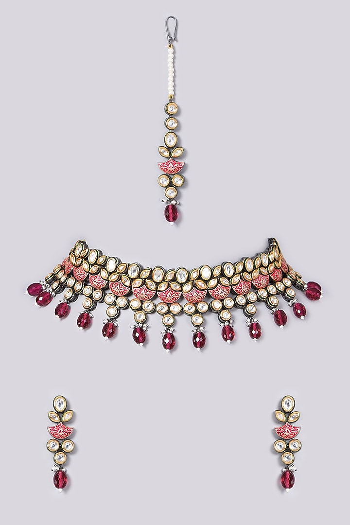 Black Rhodium Finish Kundan Polki & Beaded Necklace Set by VASTRAA Jewellery at Pernia's Pop Up Shop